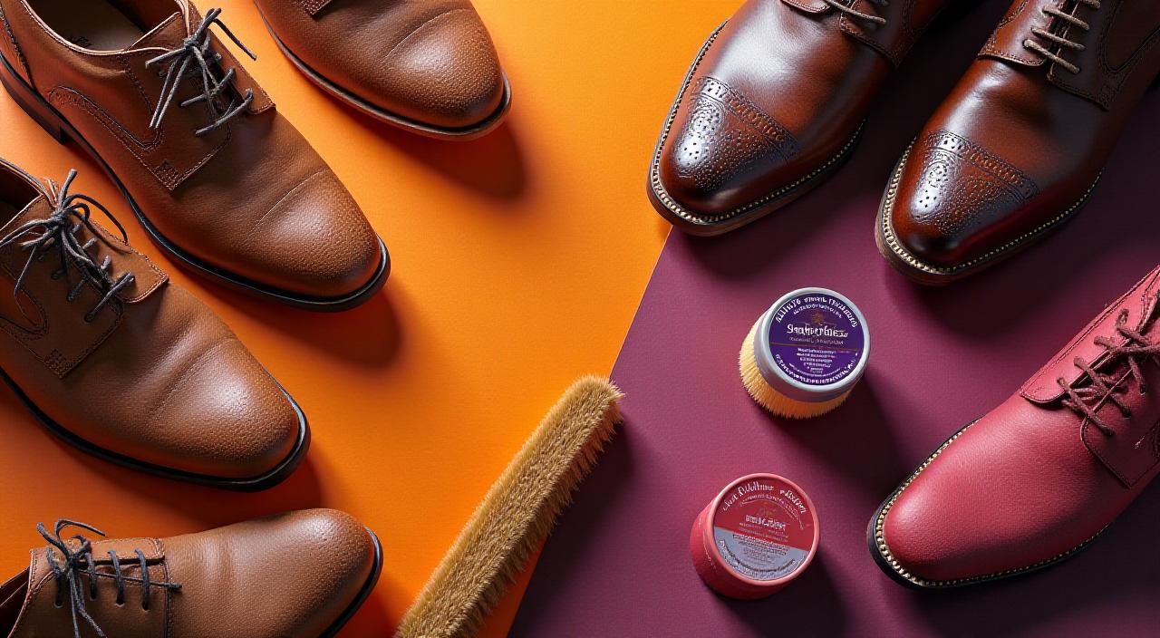 Composizione artistica di spazzole premium e scarpe in pelle brillante