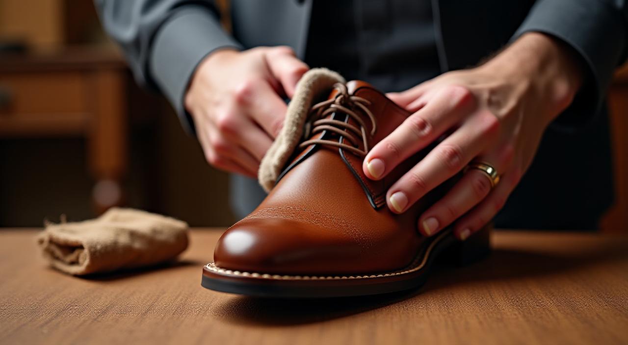Artigiano esperto che lucida una scarpa classica italiana